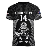Custom New Zealand Aotearoa Rugby Women V Neck T Shirt NZ Tiki With Maori Fern World Cup Black Version - Wonder Print Shop