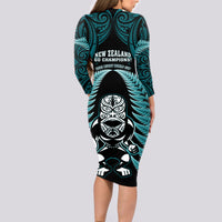 New Zealand Aotearoa Rugby Long Sleeve Bodycon Dress NZ Tiki With Maori Fern World Cup Turquoise Version - Wonder Print Shop