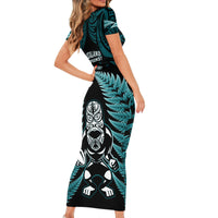 New Zealand Aotearoa Rugby Short Sleeve Bodycon Dress NZ Tiki With Maori Fern World Cup Turquoise Version - Wonder Print Shop