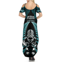 New Zealand Aotearoa Rugby Summer Maxi Dress NZ Tiki With Maori Fern World Cup Turquoise Version - Wonder Print Shop