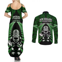 New Zealand Aotearoa Rugby Couples Matching Summer Maxi Dress and Long Sleeve Button Shirts NZ Tiki With Maori Fern World Cup Green Version - Wonder Print Shop
