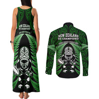 New Zealand Aotearoa Rugby Couples Matching Tank Maxi Dress and Long Sleeve Button Shirts NZ Tiki With Maori Fern World Cup Green Version - Wonder Print Shop