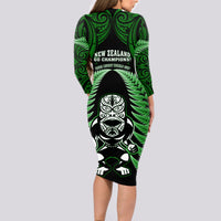 New Zealand Aotearoa Rugby Long Sleeve Bodycon Dress NZ Tiki With Maori Fern World Cup Green Version - Wonder Print Shop
