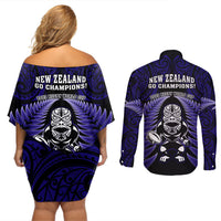 New Zealand Aotearoa Rugby Couples Matching Off Shoulder Short Dress and Long Sleeve Button Shirts NZ Tiki With Maori Fern World Cup Blue Version - Wonder Print Shop