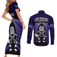 New Zealand Aotearoa Rugby Couples Matching Short Sleeve Bodycon Dress and Long Sleeve Button Shirts NZ Tiki With Maori Fern World Cup Blue Version - Wonder Print Shop