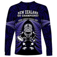 New Zealand Aotearoa Rugby Long Sleeve Shirt NZ Tiki With Maori Fern World Cup Blue Version - Wonder Print Shop