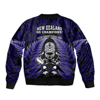 New Zealand Aotearoa Rugby Sleeve Zip Bomber Jacket NZ Tiki With Maori Fern World Cup Blue Version - Wonder Print Shop