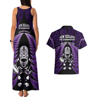 New Zealand Aotearoa Rugby Couples Matching Tank Maxi Dress and Hawaiian Shirt NZ Tiki With Maori Fern World Cup Purple Version - Wonder Print Shop