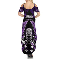 New Zealand Aotearoa Rugby Summer Maxi Dress NZ Tiki With Maori Fern World Cup Purple Version - Wonder Print Shop