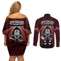New Zealand Aotearoa Rugby Couples Matching Off Shoulder Short Dress and Long Sleeve Button Shirts NZ Tiki With Maori Fern World Cup Red Version - Wonder Print Shop