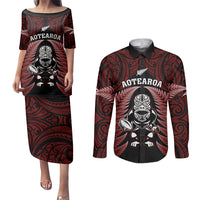 New Zealand Aotearoa Rugby Couples Matching Puletasi Dress and Long Sleeve Button Shirts NZ Tiki With Maori Fern World Cup Red Version - Wonder Print Shop