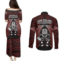 New Zealand Aotearoa Rugby Couples Matching Puletasi Dress and Long Sleeve Button Shirts NZ Tiki With Maori Fern World Cup Red Version - Wonder Print Shop