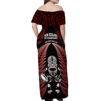 New Zealand Aotearoa Rugby Off Shoulder Maxi Dress NZ Tiki With Maori Fern World Cup Red Version - Wonder Print Shop
