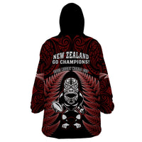 New Zealand Aotearoa Rugby Wearable Blanket Hoodie NZ Tiki With Maori Fern World Cup Red Version - Wonder Print Shop