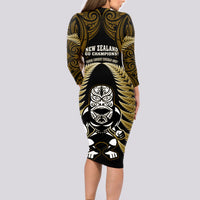 New Zealand Aotearoa Rugby Long Sleeve Bodycon Dress NZ Tiki With Maori Fern World Cup Gold Version - Wonder Print Shop