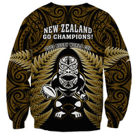 New Zealand Aotearoa Rugby Sweatshirt NZ Tiki With Maori Fern World Cup Gold Version - Wonder Print Shop