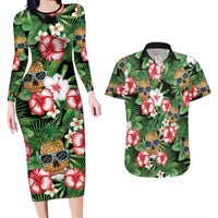 Pineapple Skull Aloha Hawaii Couples Matching Long Sleeve Bodycon Dress and Hawaiian Shirt Summer Vibes Tropical Seamless Pattern - Wonder Print Shop