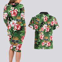 Pineapple Skull Aloha Hawaii Couples Matching Long Sleeve Bodycon Dress and Hawaiian Shirt Summer Vibes Tropical Seamless Pattern - Wonder Print Shop