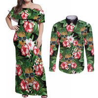 Pineapple Skull Aloha Hawaii Couples Matching Off Shoulder Maxi Dress and Long Sleeve Button Shirt Summer Vibes Tropical Seamless Pattern - Wonder Print Shop