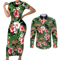 Pineapple Skull Aloha Hawaii Couples Matching Short Sleeve Bodycon Dress and Long Sleeve Button Shirt Summer Vibes Tropical Seamless Pattern - Wonder Print Shop