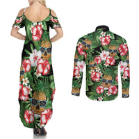 Pineapple Skull Aloha Hawaii Couples Matching Summer Maxi Dress and Long Sleeve Button Shirt Summer Vibes Tropical Seamless Pattern - Wonder Print Shop
