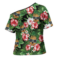 Pineapple Skull Aloha Hawaii Cross Shoulder Shirt Summer Vibes Tropical Seamless Pattern - Wonder Print Shop