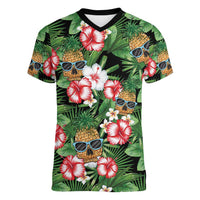 Pineapple Skull Aloha Hawaii Women V-Neck T-Shirt Summer Vibes Tropical Seamless Pattern - Wonder Print Shop
