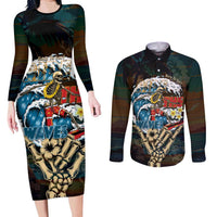 Aloha Hawaii Surfing Skull Couples Matching Long Sleeve Bodycon Dress and Long Sleeve Button Shirt Shaka Skeleton Ride The Waves - Wonder Print Shop