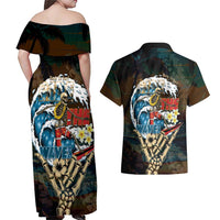 Aloha Hawaii Surfing Skull Couples Matching Off Shoulder Maxi Dress and Hawaiian Shirt Shaka Skeleton Ride The Waves - Wonder Print Shop