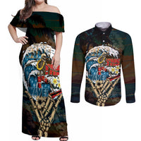 Aloha Hawaii Surfing Skull Couples Matching Off Shoulder Maxi Dress and Long Sleeve Button Shirt Shaka Skeleton Ride The Waves - Wonder Print Shop