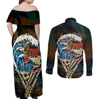 Aloha Hawaii Surfing Skull Couples Matching Off Shoulder Maxi Dress and Long Sleeve Button Shirt Shaka Skeleton Ride The Waves - Wonder Print Shop