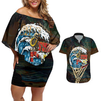 Aloha Hawaii Surfing Skull Couples Matching Off Shoulder Short Dress and Hawaiian Shirt Shaka Skeleton Ride The Waves - Wonder Print Shop