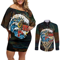 Aloha Hawaii Surfing Skull Couples Matching Off Shoulder Short Dress and Long Sleeve Button Shirt Shaka Skeleton Ride The Waves - Wonder Print Shop