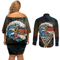 Aloha Hawaii Surfing Skull Couples Matching Off Shoulder Short Dress and Long Sleeve Button Shirt Shaka Skeleton Ride The Waves - Wonder Print Shop