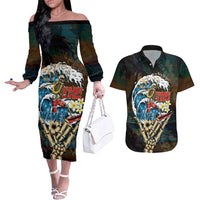 Aloha Hawaii Surfing Skull Couples Matching Off The Shoulder Long Sleeve Dress and Hawaiian Shirt Shaka Skeleton Ride The Waves - Wonder Print Shop