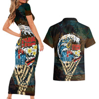 Aloha Hawaii Surfing Skull Couples Matching Short Sleeve Bodycon Dress and Hawaiian Shirt Shaka Skeleton Ride The Waves - Wonder Print Shop