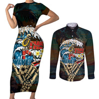 Aloha Hawaii Surfing Skull Couples Matching Short Sleeve Bodycon Dress and Long Sleeve Button Shirt Shaka Skeleton Ride The Waves - Wonder Print Shop