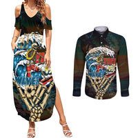 Aloha Hawaii Surfing Skull Couples Matching Summer Maxi Dress and Long Sleeve Button Shirt Shaka Skeleton Ride The Waves - Wonder Print Shop