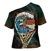 Aloha Hawaii Surfing Skull Cross Shoulder Shirt Shaka Skeleton Ride The Waves - Wonder Print Shop
