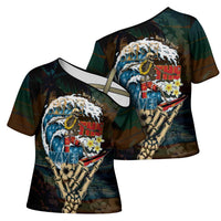 Aloha Hawaii Surfing Skull Cross Shoulder Shirt Shaka Skeleton Ride The Waves - Wonder Print Shop