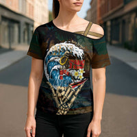 Aloha Hawaii Surfing Skull Cross Shoulder Shirt Shaka Skeleton Ride The Waves - Wonder Print Shop
