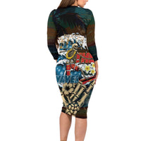 Aloha Hawaii Surfing Skull Family Matching Long Sleeve Bodycon Dress and Hawaiian Shirt Shaka Skeleton Ride The Waves - Wonder Print Shop