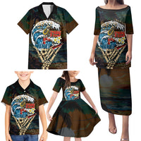 Aloha Hawaii Surfing Skull Family Matching Puletasi and Hawaiian Shirt Shaka Skeleton Ride The Waves - Wonder Print Shop