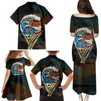Aloha Hawaii Surfing Skull Family Matching Puletasi and Hawaiian Shirt Shaka Skeleton Ride The Waves - Wonder Print Shop
