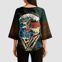 Aloha Hawaii Surfing Skull Kimono Sleeve Blouse Shaka Skeleton Ride The Waves - Wonder Print Shop
