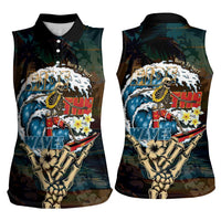 Aloha Hawaii Surfing Skull Women Sleeveless Polo Shirt Shaka Skeleton Ride The Waves - Wonder Print Shop