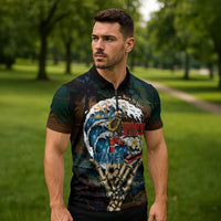 Aloha Hawaii Surfing Skull Zipper Polo Shirt Shaka Skeleton Ride The Waves - Wonder Print Shop