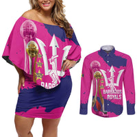 Barbados Royals Cricket Custom Couples Matching Off Shoulder Short Dress and Long Sleeve Button Shirt 3rd Champions Trophy Proud - Pink - Wonder Print Shop