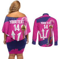 Barbados Royals Cricket Custom Couples Matching Off Shoulder Short Dress and Long Sleeve Button Shirt 3rd Champions Trophy Proud - Pink - Wonder Print Shop