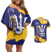 Barbados Royals Cricket Custom Couples Matching Off Shoulder Short Dress and Hawaiian Shirt 3rd Champions Trophy Proud - Blue - Wonder Print Shop